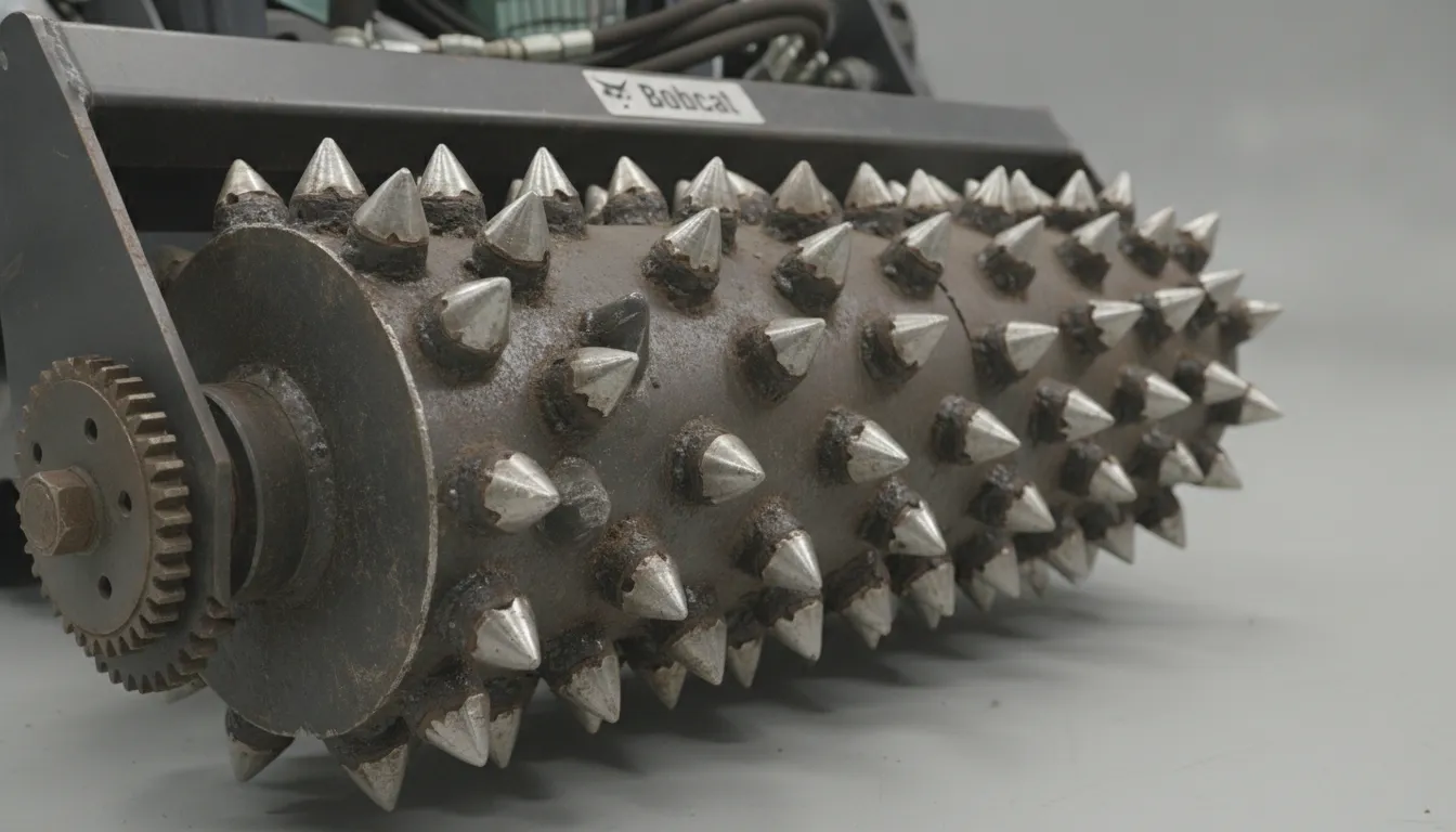 Close-up of carbide teeth on a skid steer power rake drum showing heavy-duty construction