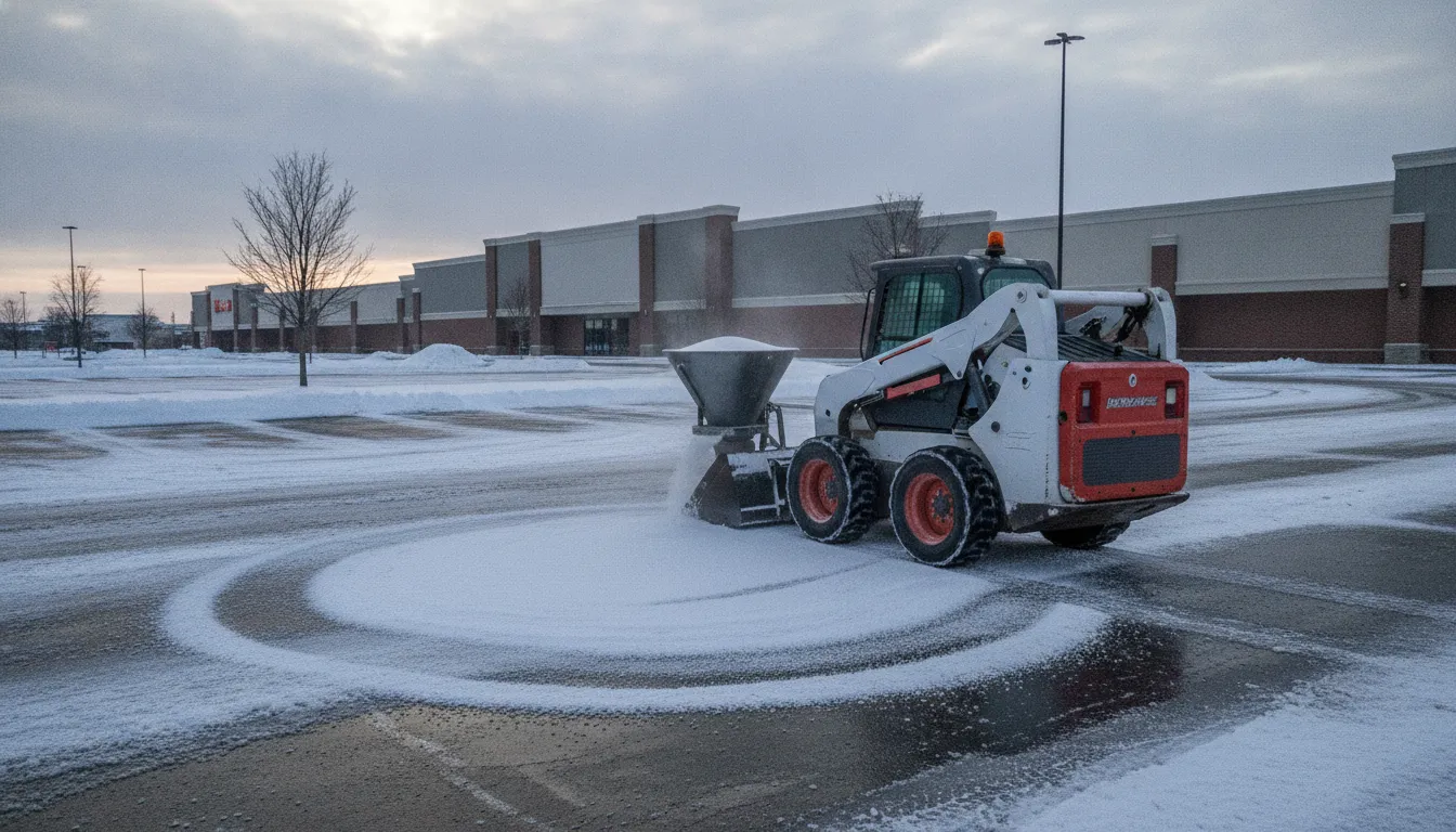Skid steer salt spreader applying deicing material across a winter parking lot
