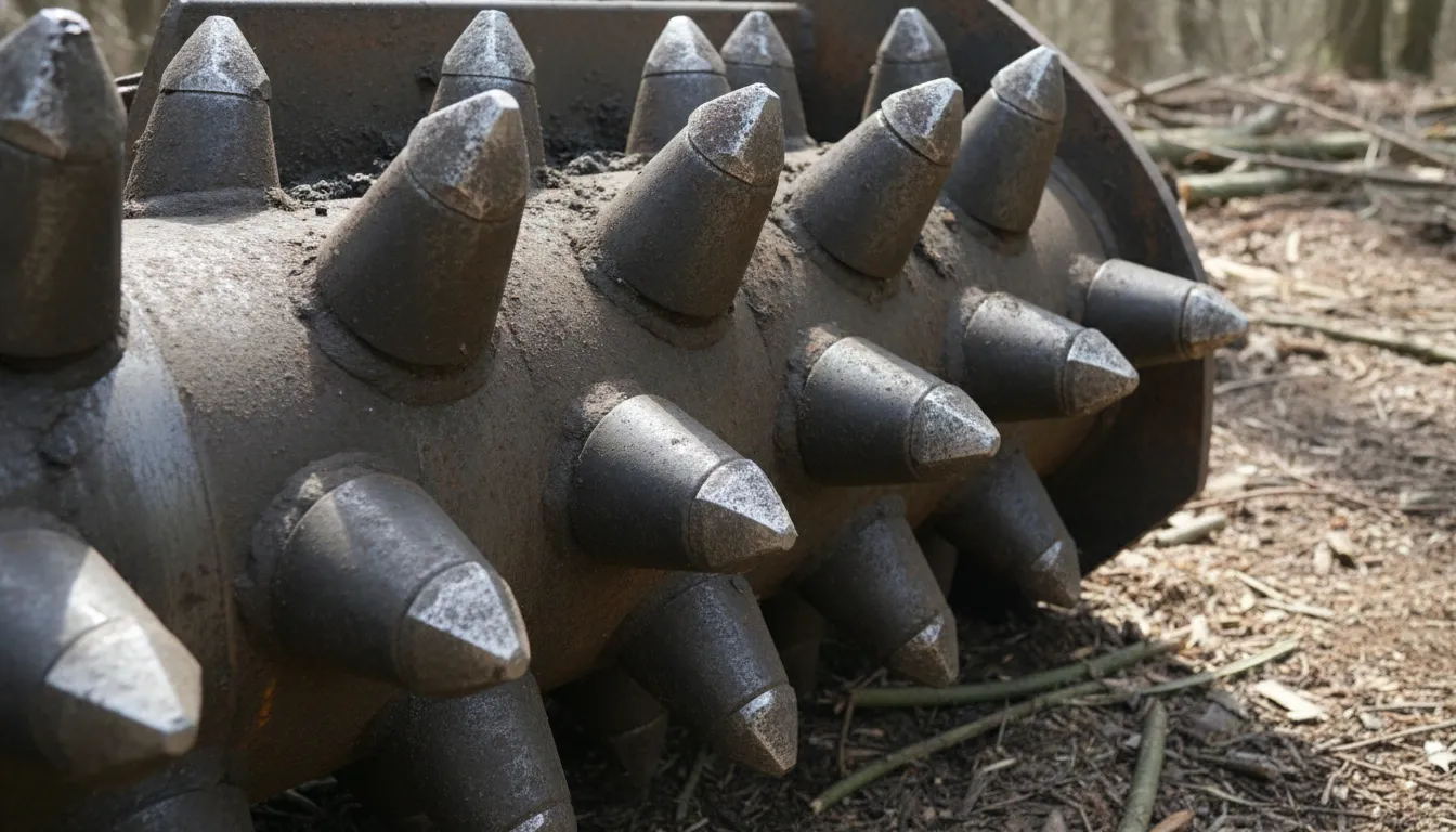 Heavy duty steel cutting teeth on a skid steer mulcher attachment
