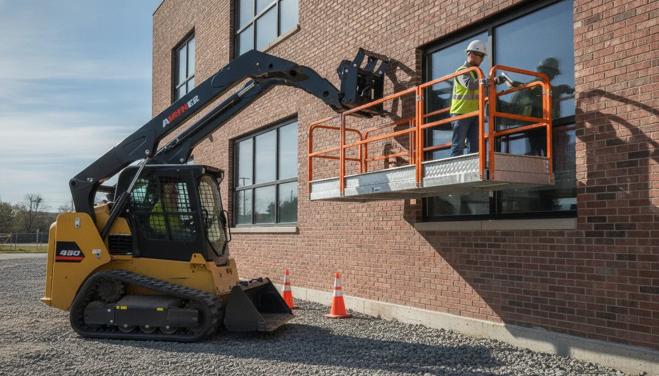 Skid steer work platform attachment positioned for building maintenance