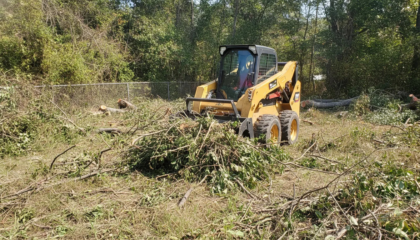Skid steer with a brush grapple lifting a large pile of cleared brush and tree limbs on an overgrown lot