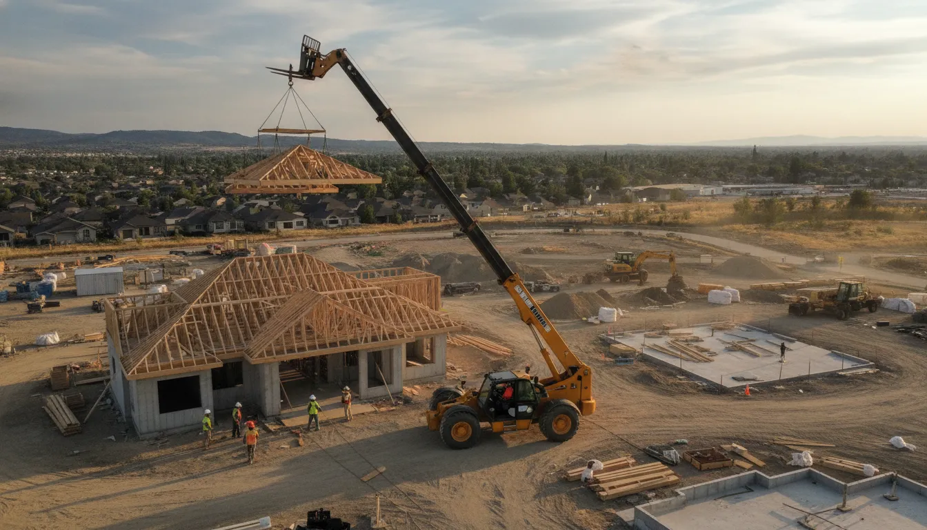 Telehandler with truss jib attachment lifting roof trusses on a construction site