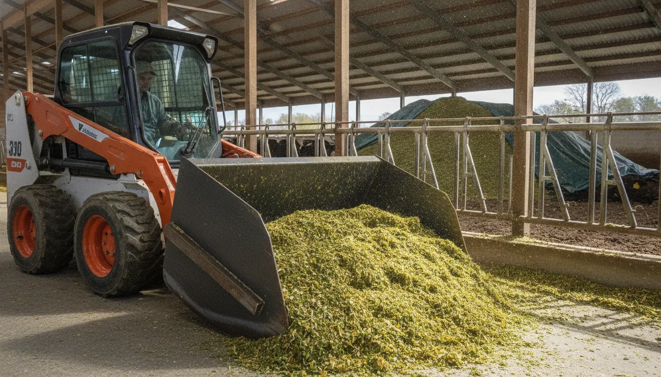 Heavy-duty steel blade feed pusher attachment mounted on a skid steer pushing silage