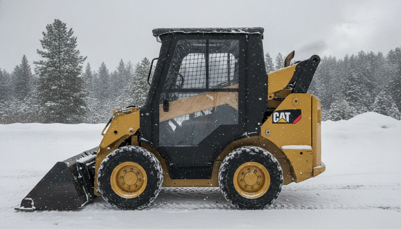 Vinyl soft cab enclosure on a skid steer in snowy winter conditions