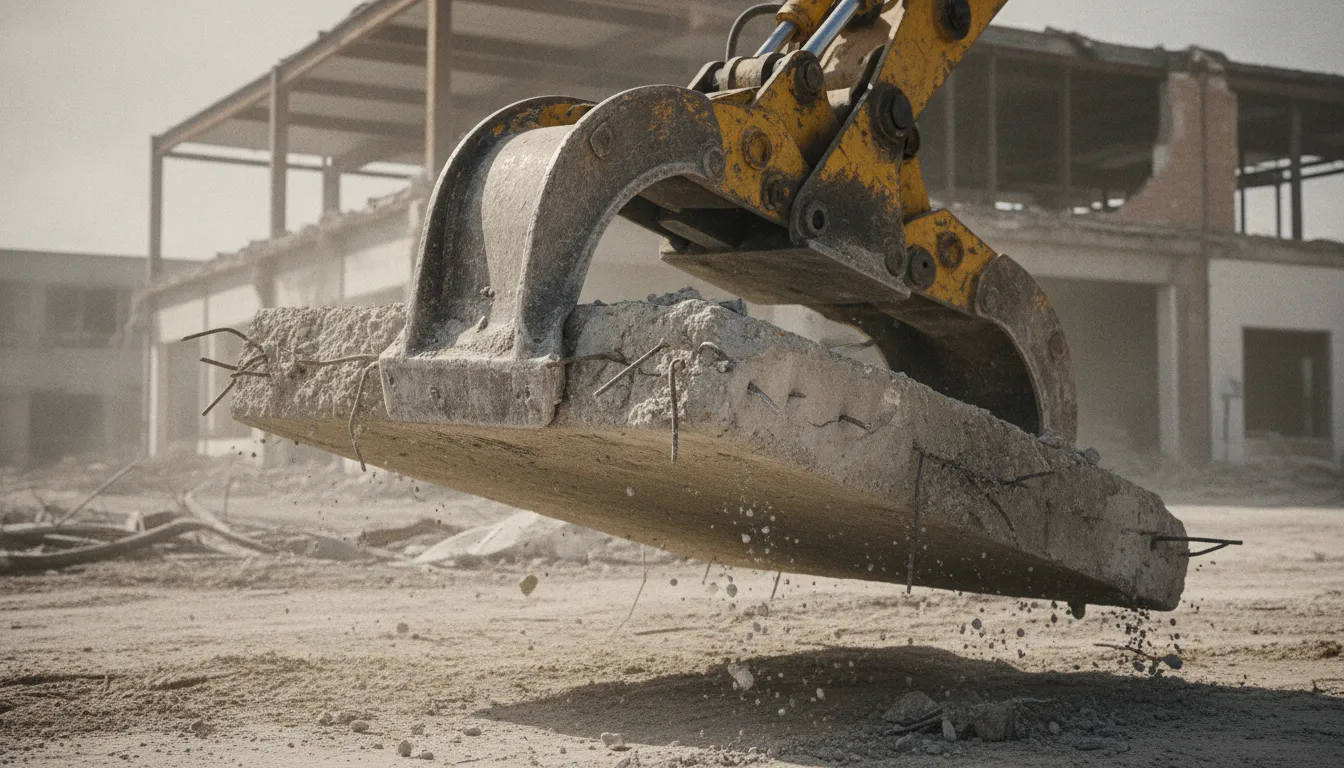 A yellow skid steer using a heavy-duty concrete claw attachment to pry up and lift a thick concrete driveway slab on a busy demolition site
