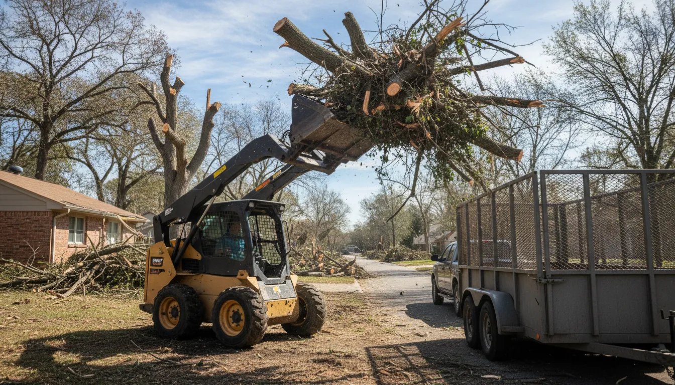 Skid steer with a brush grapple loading storm debris branches and logs into a trailer during land clearing