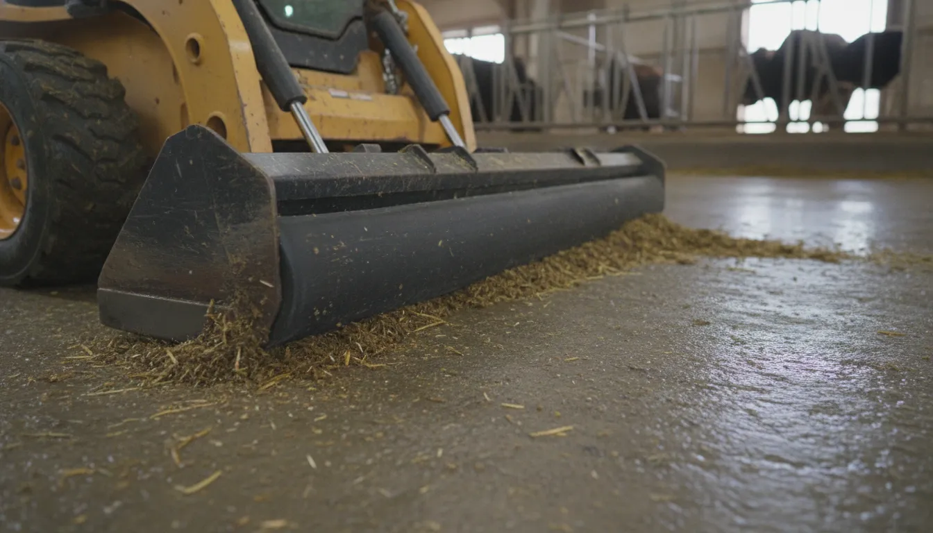 Close-up of a durable rubber edge on a feed pusher scraping concrete clean