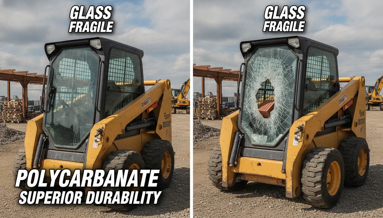 Skid steer with polycarbonate hard door cab enclosure for heavy duty durability