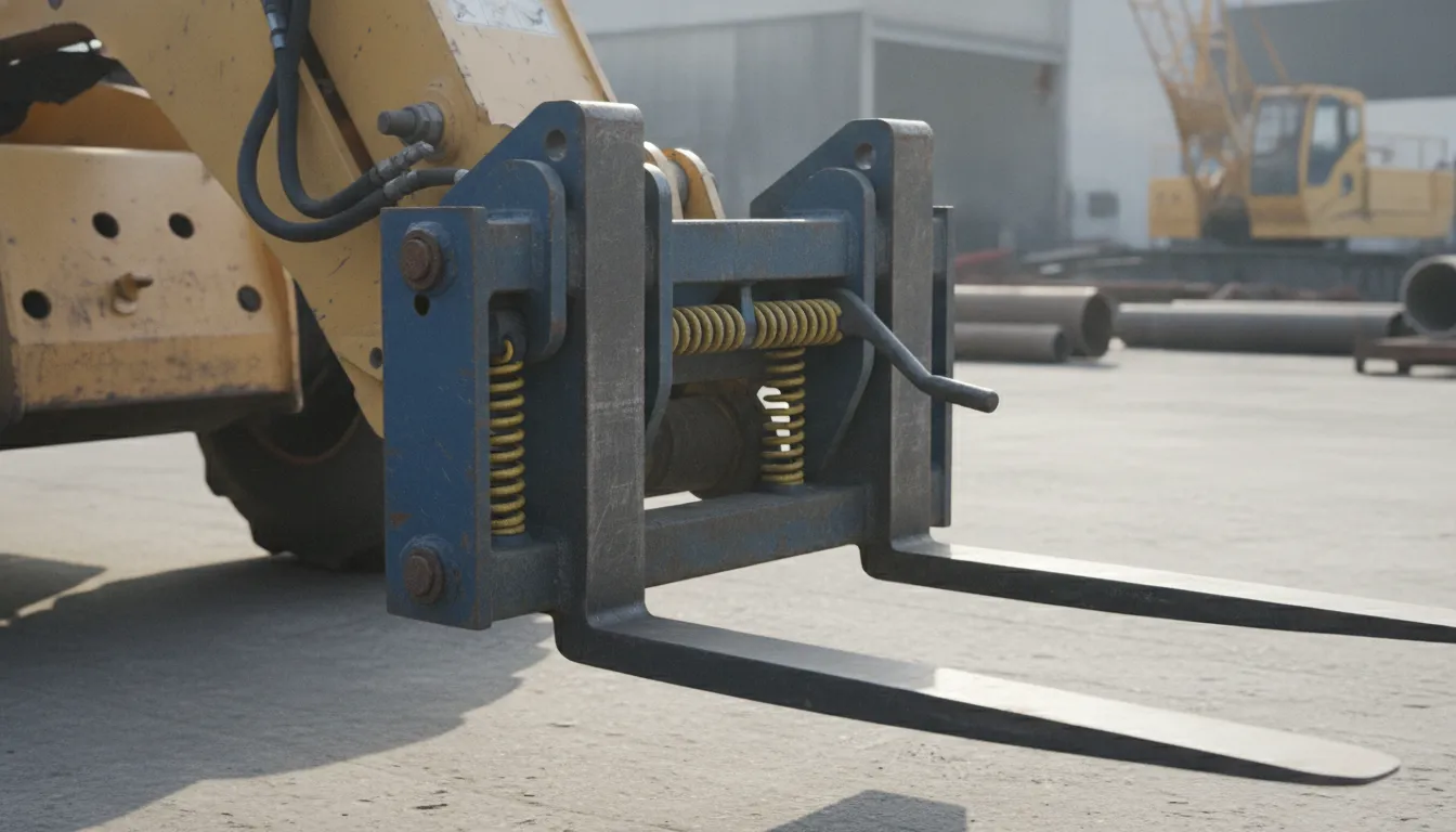 Close-up of quick-attach truss jib mounting system on telehandler forks