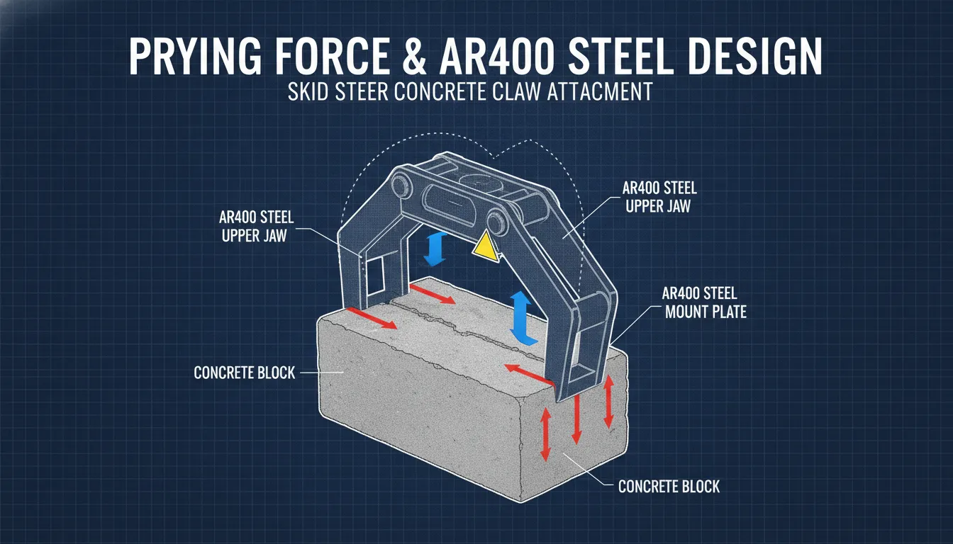 A technical graphic showing the prying force and AR400 steel design of a skid steer concrete claw attachment lifting a concrete block