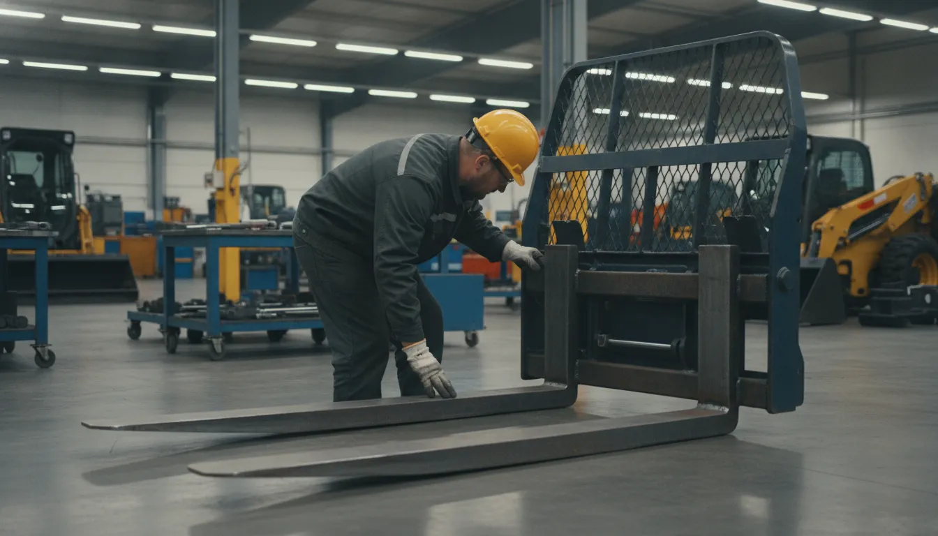 Operator inspecting pallet fork tines and backrest in a workshop