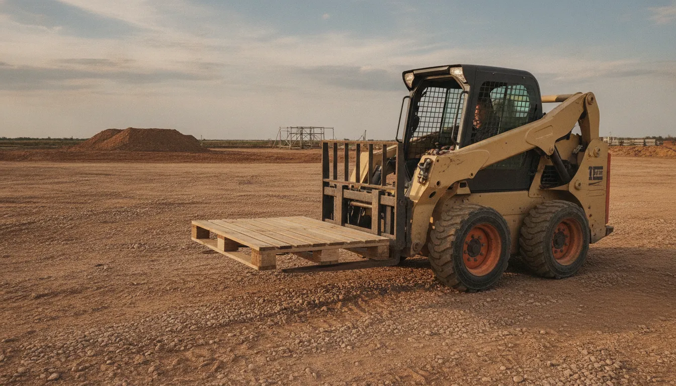 Skid steer moving a pallet across a construction yard with pallet forks