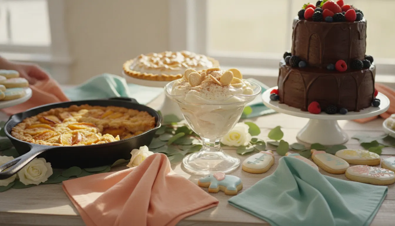 Baby shower dessert table with Southern banana pudding, peach cobbler, cake, and decorated cookies