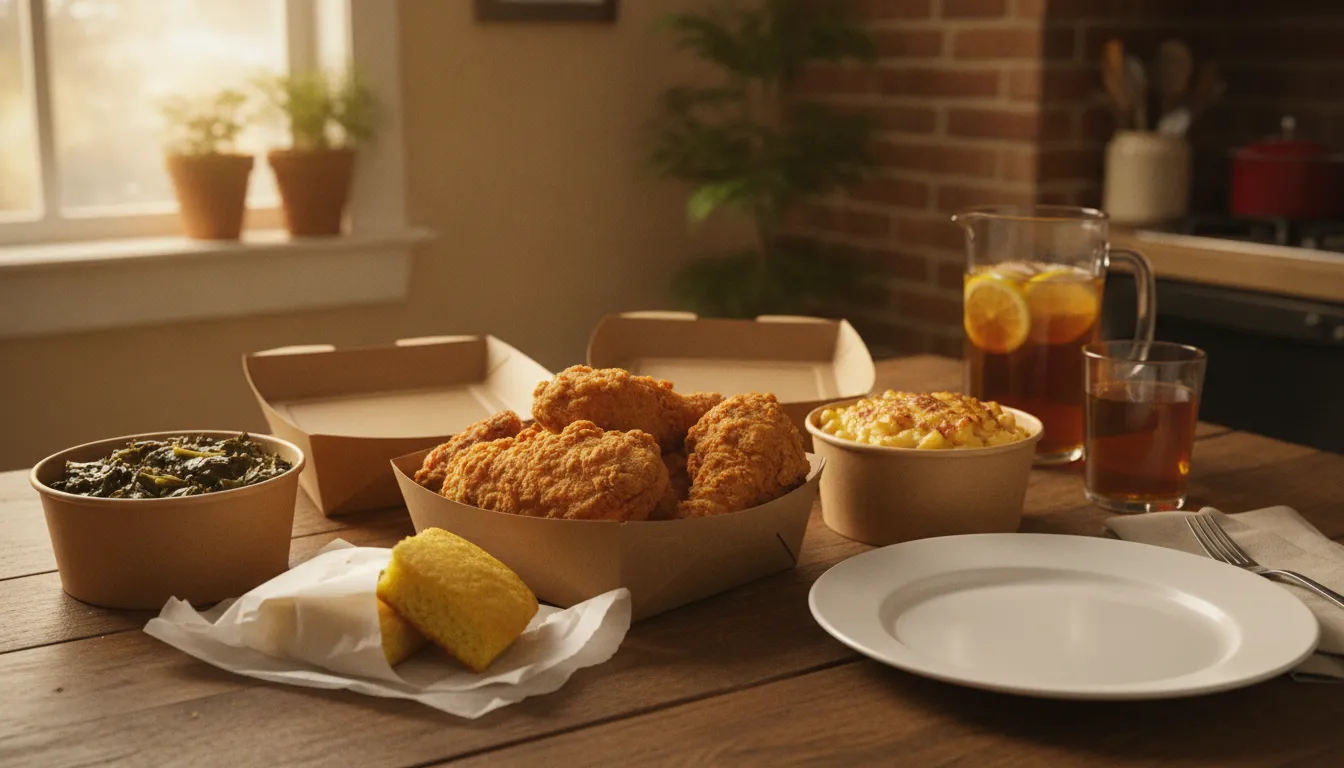 Southern comfort food takeout prepared for a family meal in Florence, SC