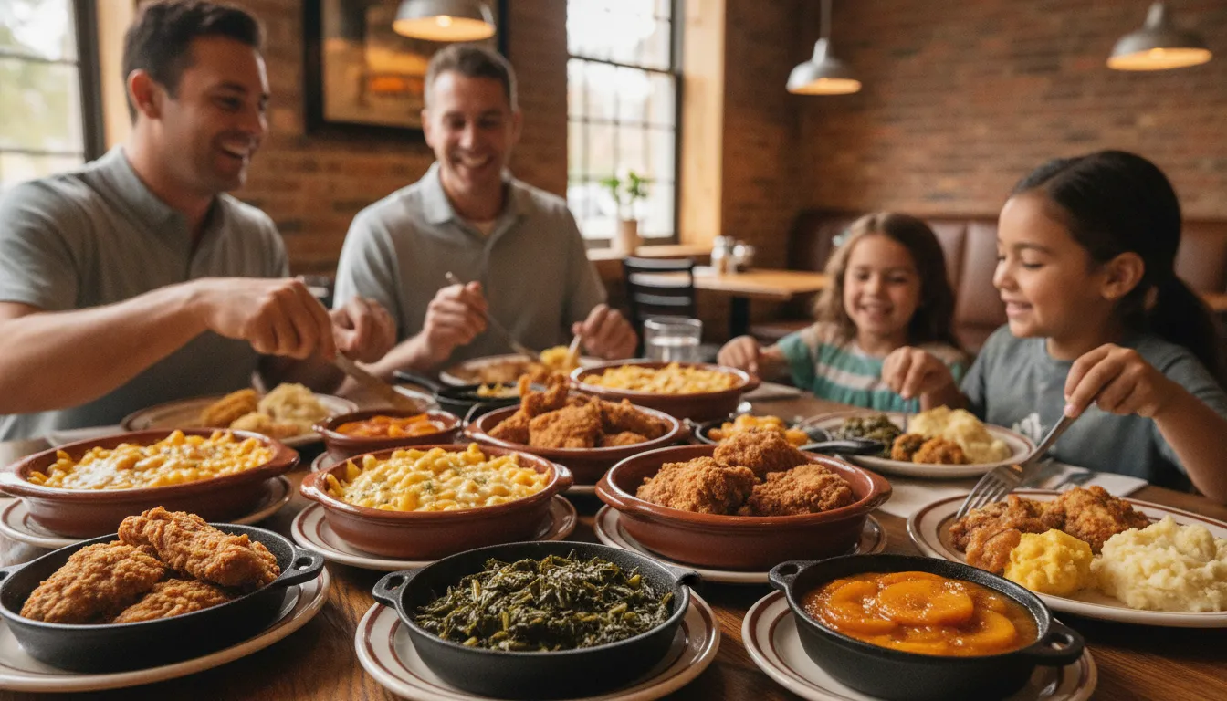 Family sharing Southern comfort food at a Florence, SC restaurant