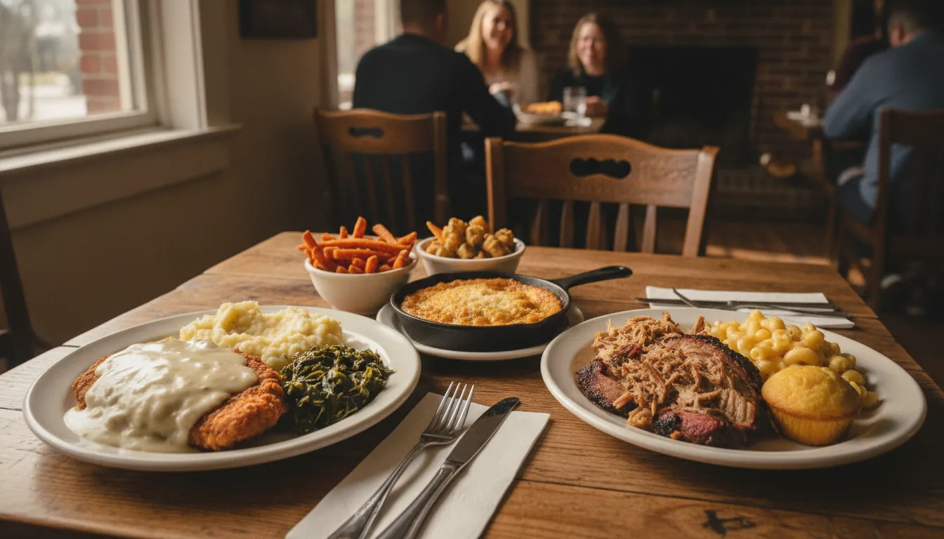 Southern comfort dishes arranged for two at a cozy restaurant table
