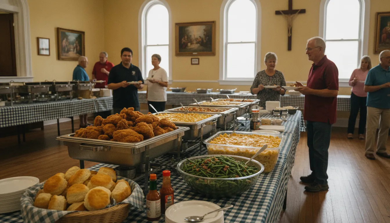 Church fellowship hall buffet table with Southern comfort food including fried chicken, biscuits, and side dishes