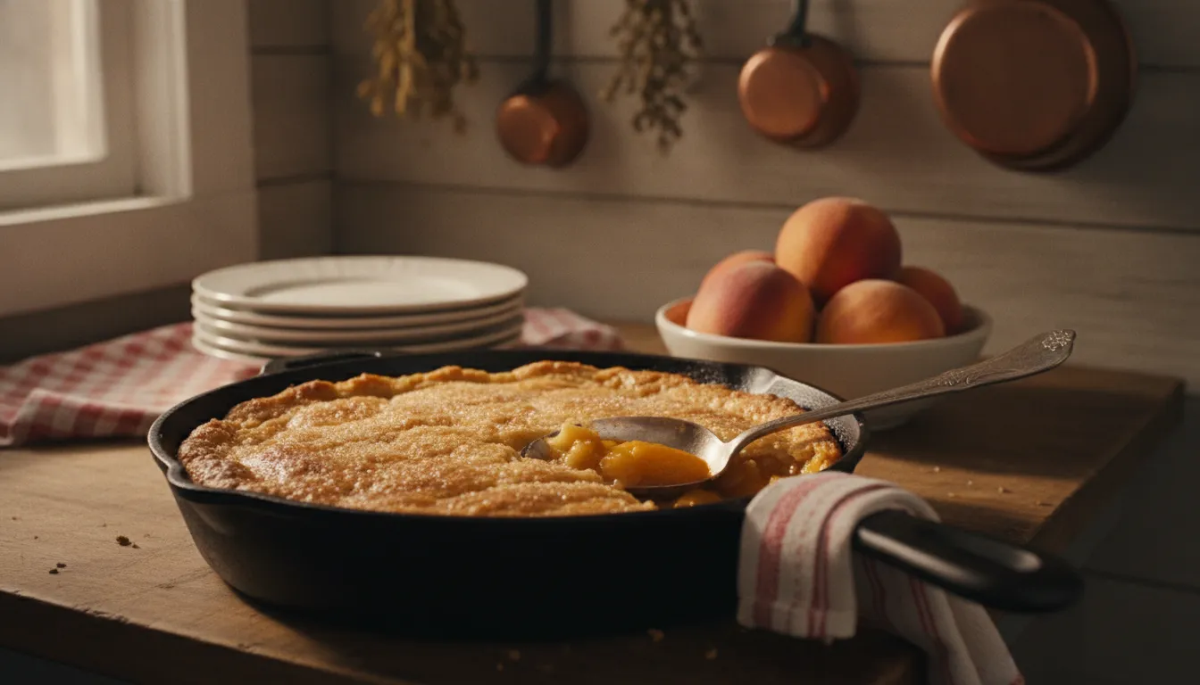 Golden brown peach cobbler in a cast iron skillet with a flaky top crust