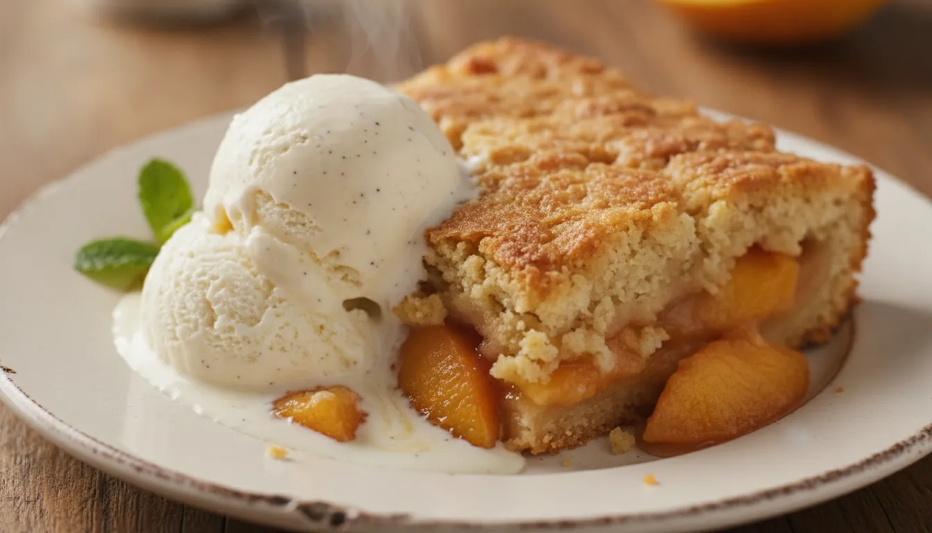 Scoop of vanilla ice cream melting over warm peach cobbler