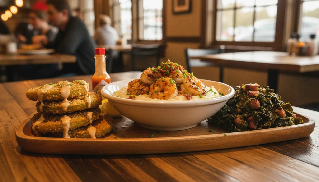 Platter of Southern comfort food including fried chicken and homestyle sides