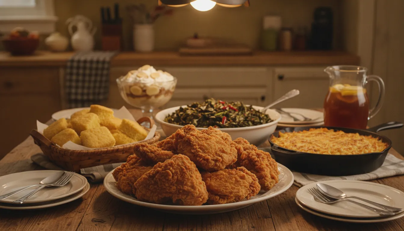 Southern comfort food spread including fried chicken, mac and cheese, collard greens, and cornbread on a kitchen table in Florence, SC