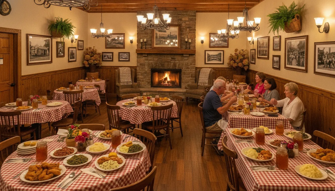 Warm Southern restaurant dining room with cozy tables and soft lighting in Florence SC