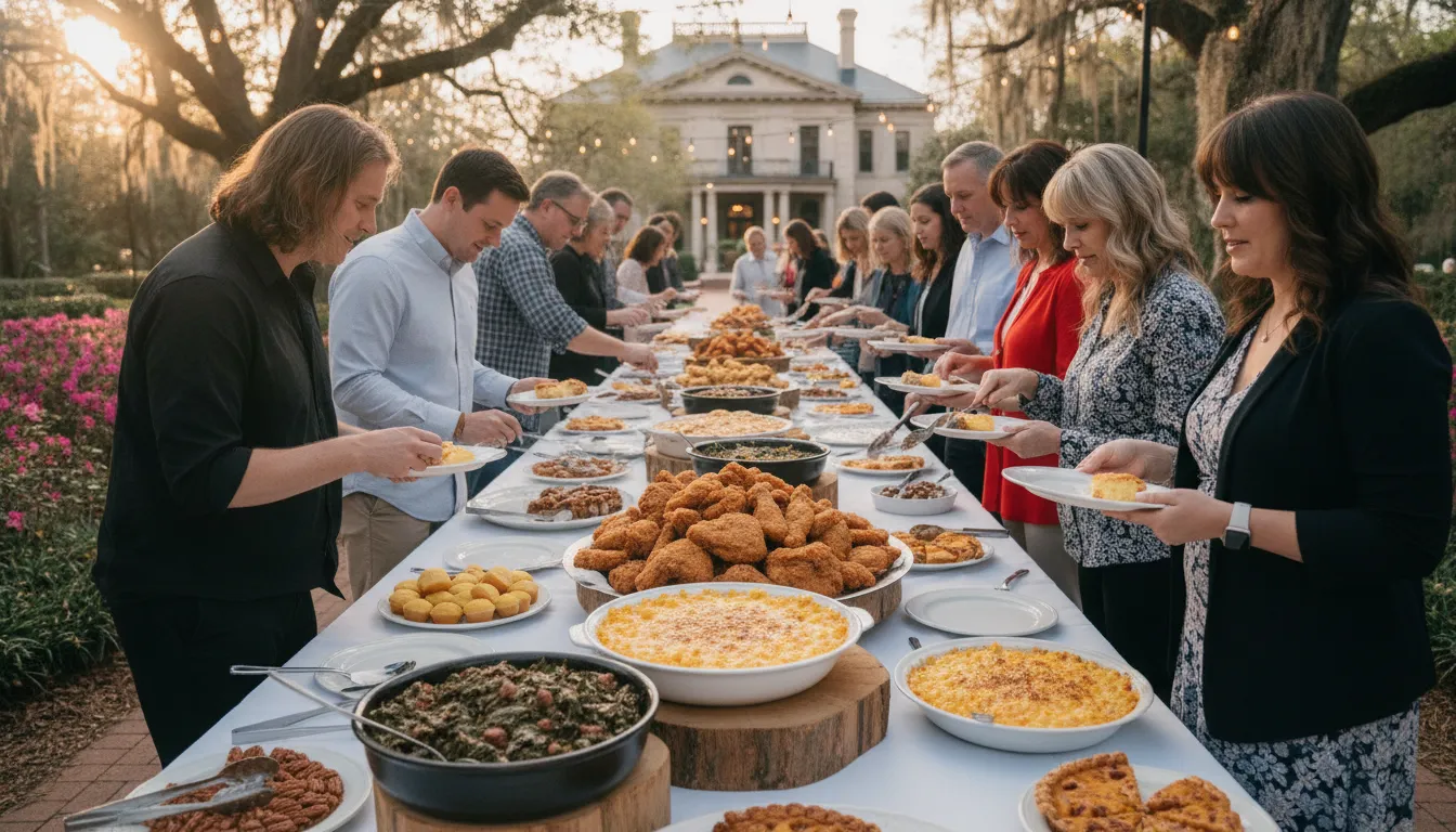 Southern catering buffet spread with fried chicken, collard greens, and mac and cheese at an event in Florence, SC