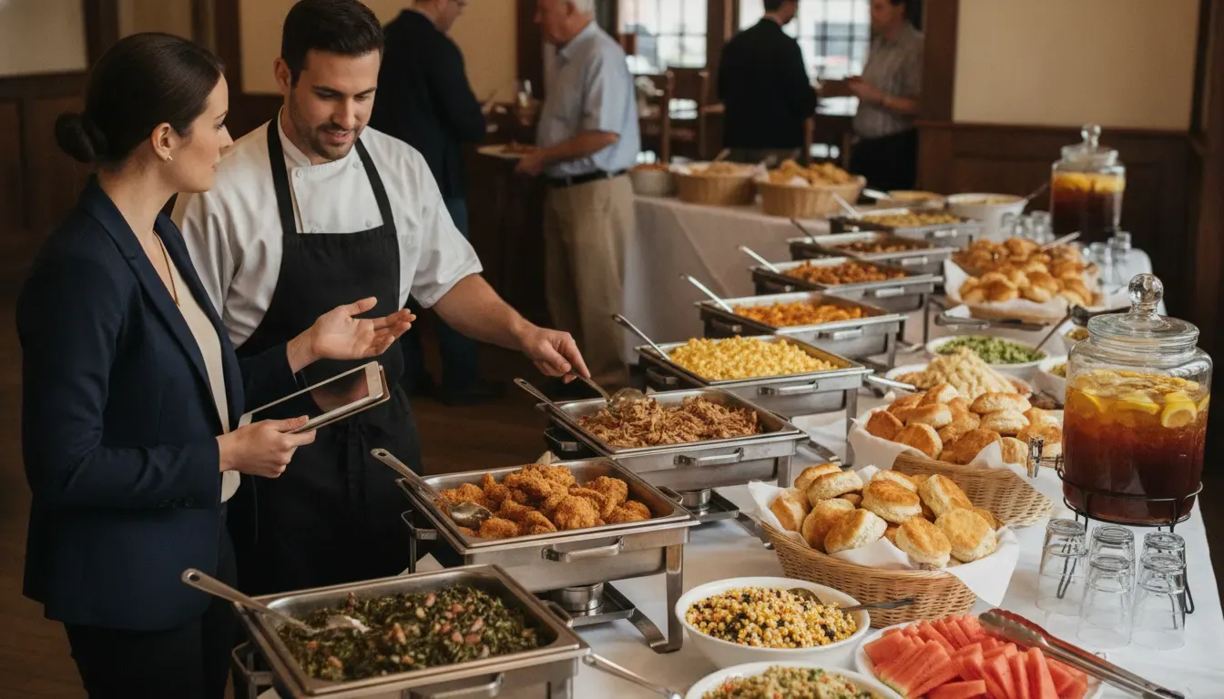 Caterer and event planner reviewing a Southern buffet setup for a large Florence, SC event