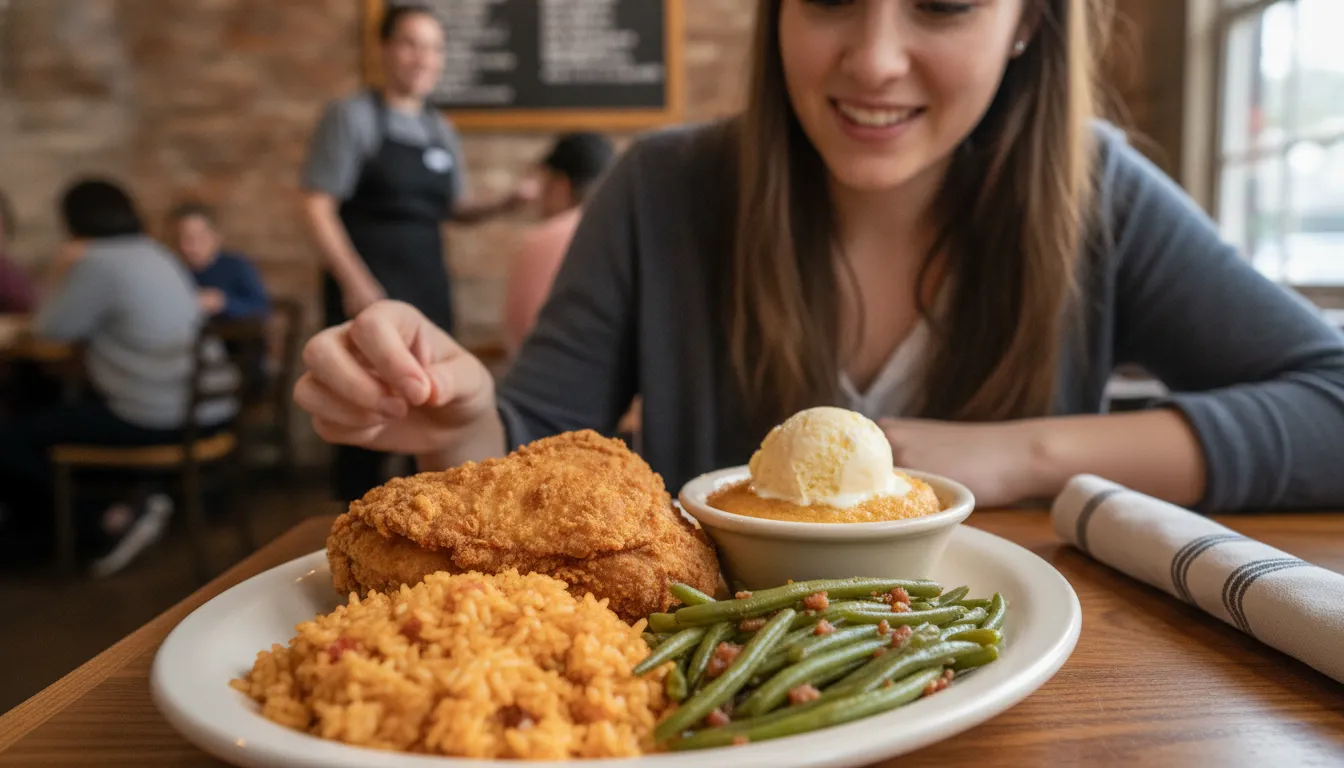 First-time diner enjoying fried chicken, red rice, green beans, and dessert at Notch8 in Florence, SC