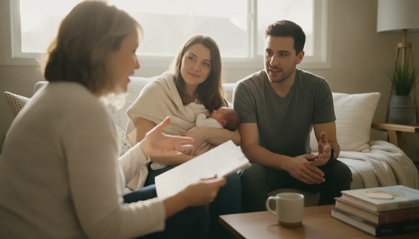 Bay Area parents discussing employer benefits and postpartum doula support with a newborn