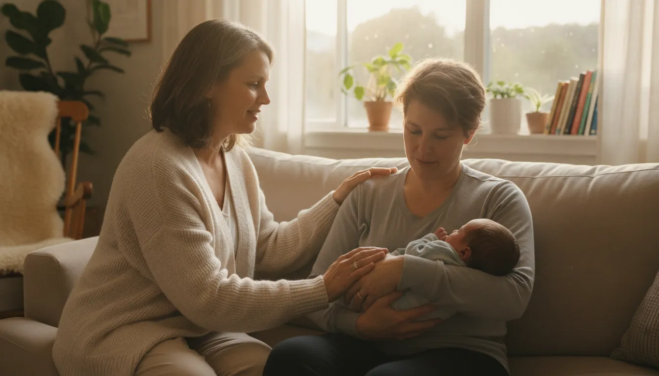 Postpartum doula supporting a single parent and newborn in a Bay Area home