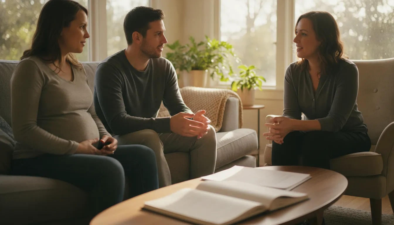 Expecting Bay Area parents discussing a doula package with a professional doula