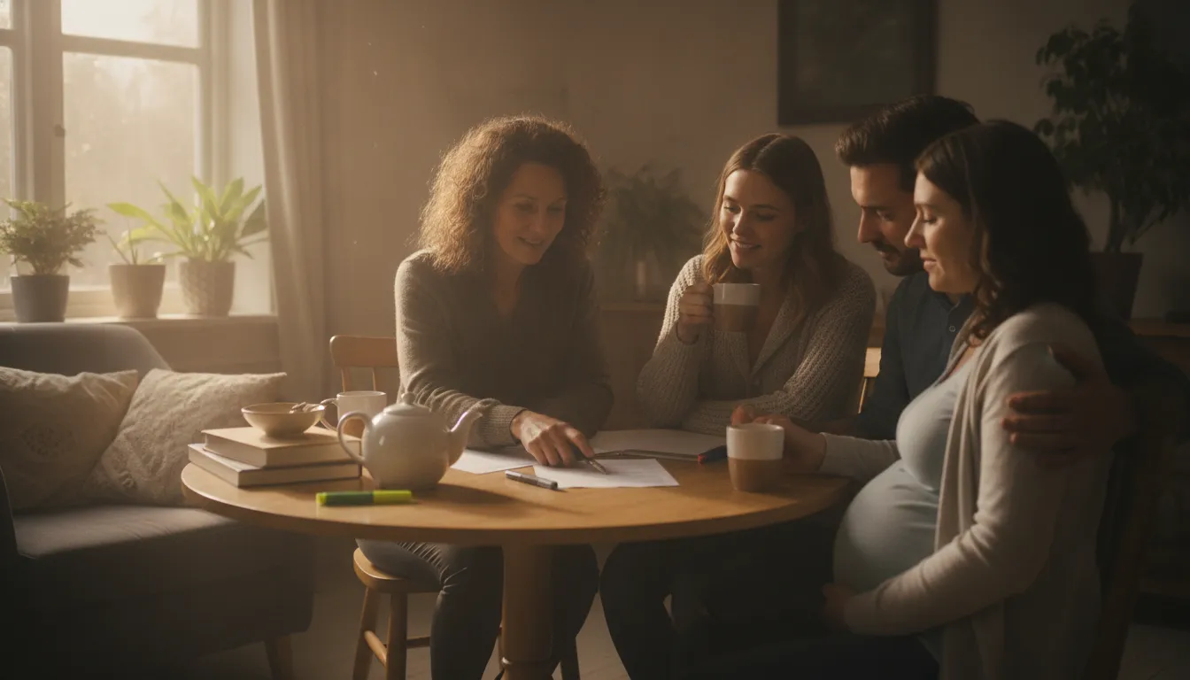 Expecting parents and a doula reviewing a birth plan together at a table with natural lighting