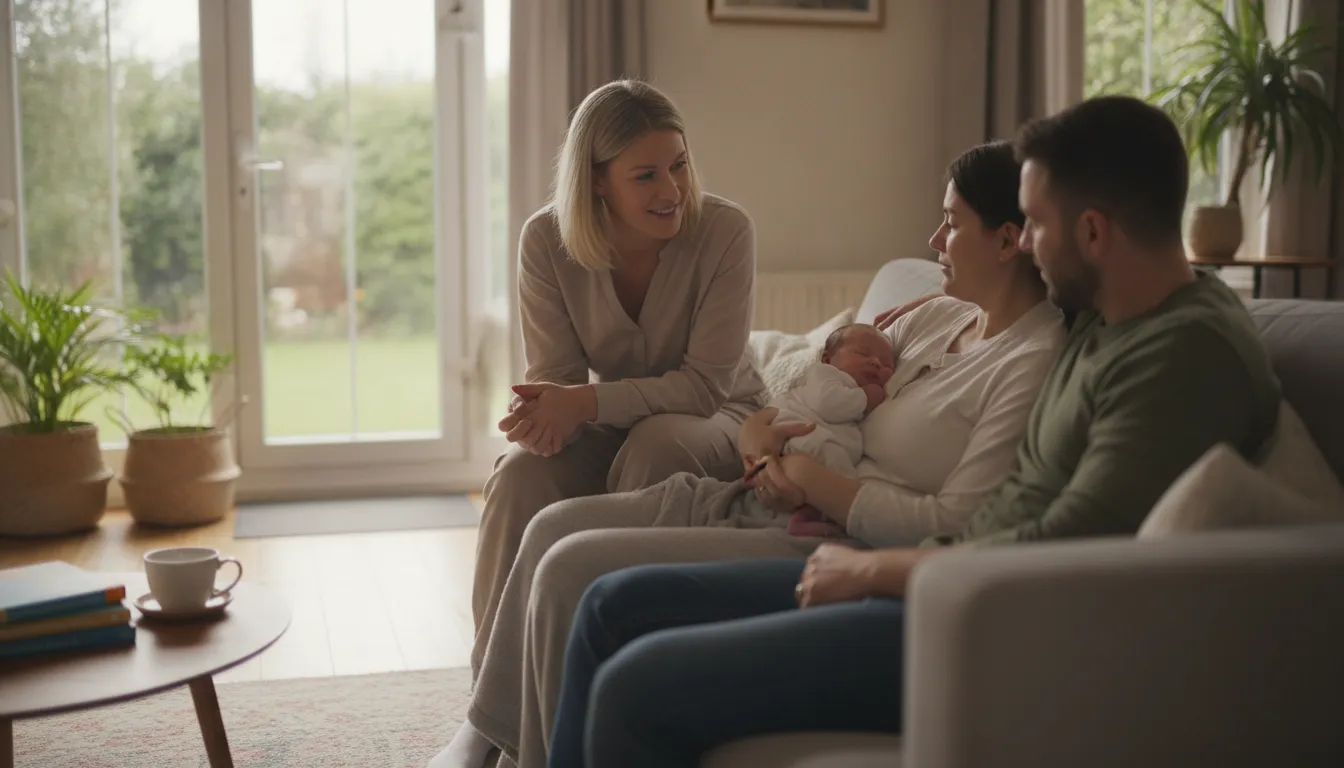 Postpartum doula visiting a new family at home to provide newborn care and recovery support