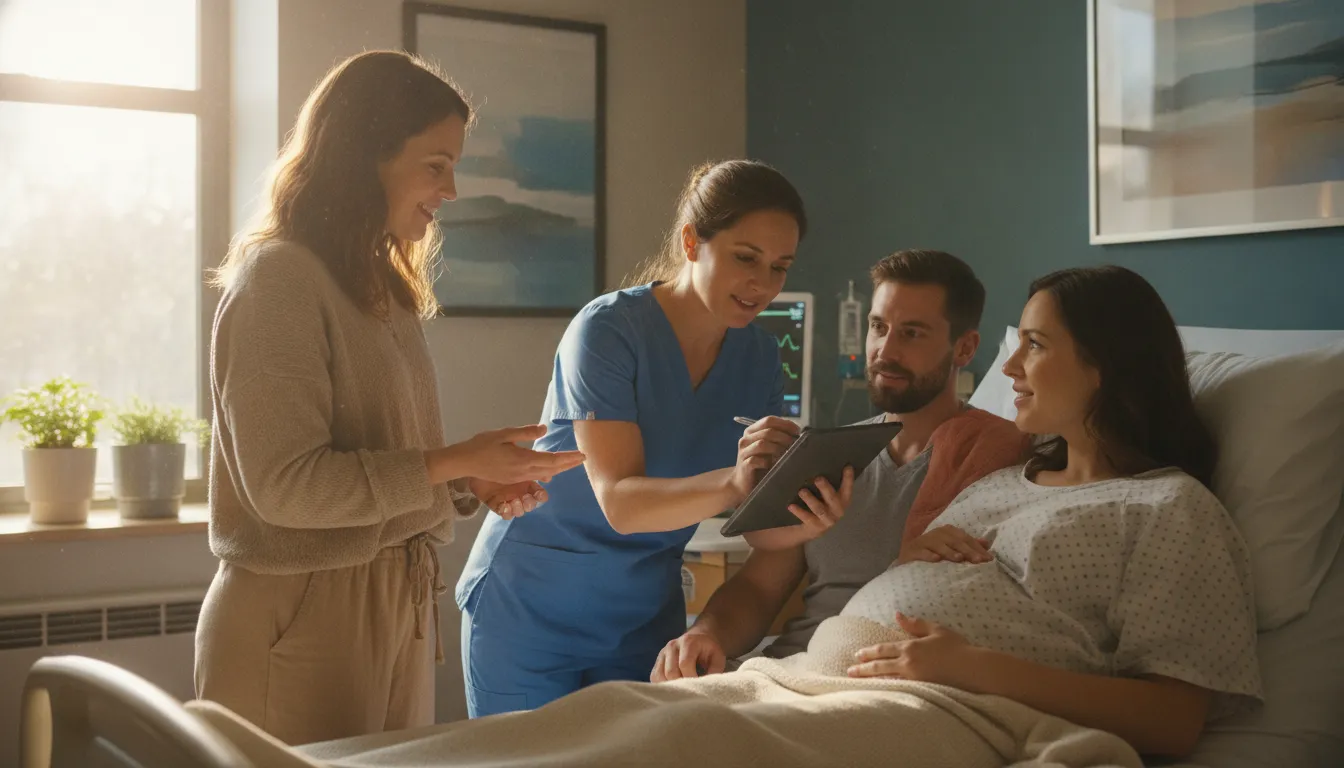 A doula speaking with a hospital nurse and expecting mother at the bedside in a bright maternity room