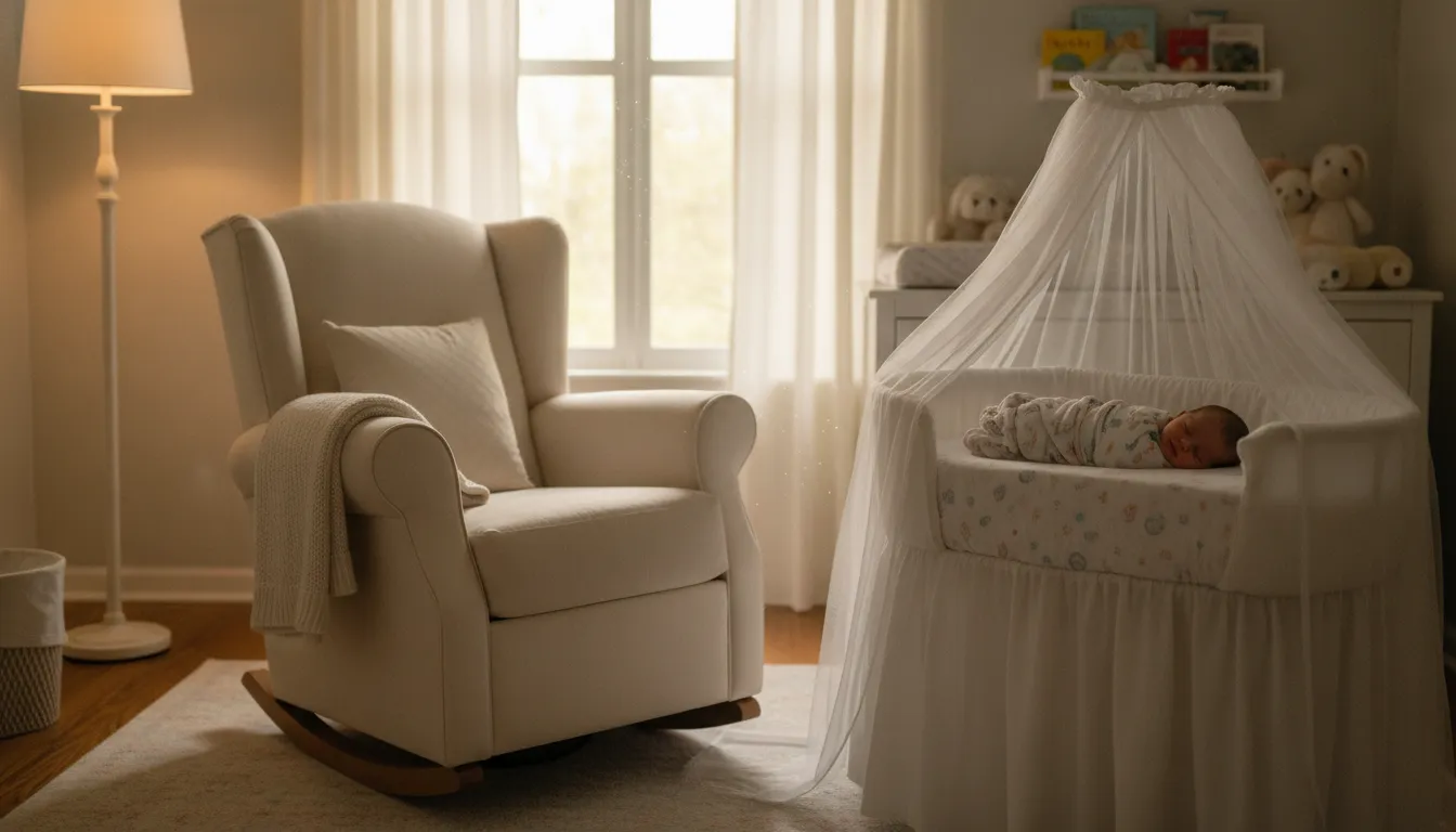 Cozy nursery with a rocking chair and soft natural light ready for newborn care and postpartum recovery