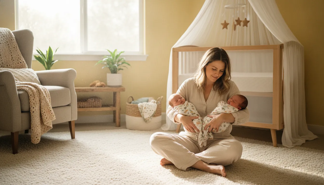 Postpartum doula for twins caring for two newborns in a bright nursery setting