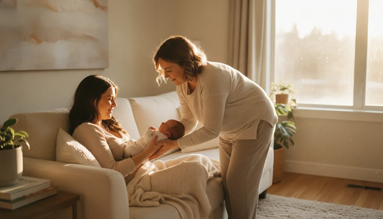 Postpartum doula assisting a new mother with C-section recovery at home