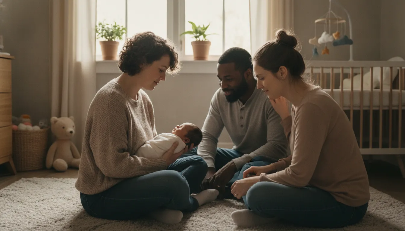 Postpartum doula showing two parents how to soothe their newborn in a sunlit nursery
