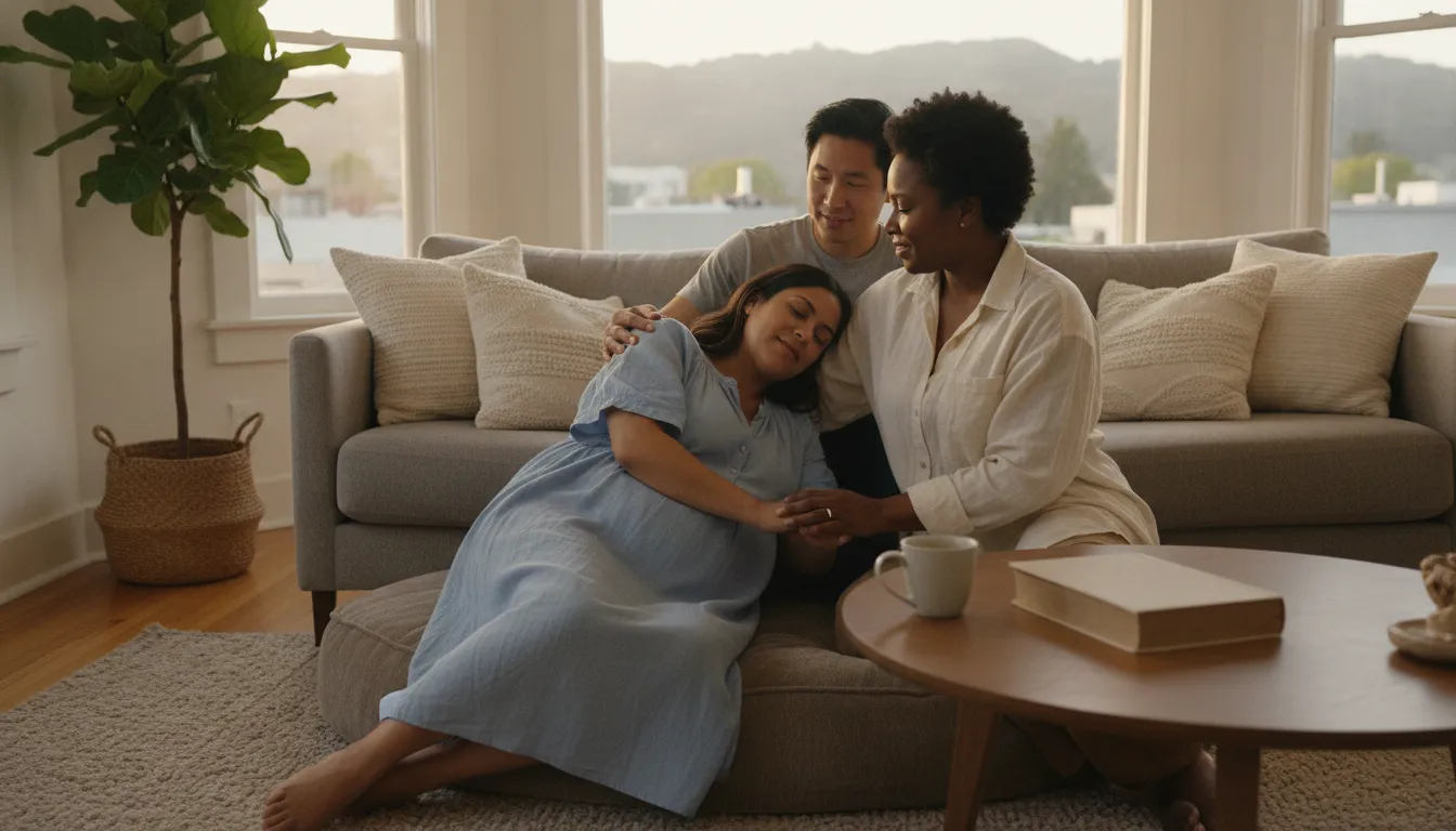 A birth doula offering gentle support to an expecting mother and her partner at home in the San Francisco Bay Area
