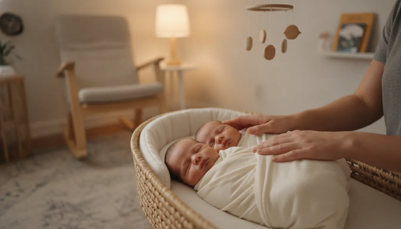 Postpartum doula for twins gently caring for two sleeping newborns