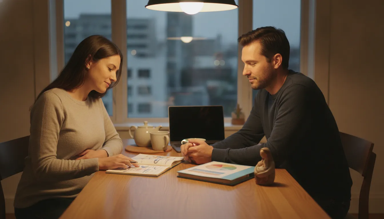 A Bay Area couple planning their budget and payment options for doula care at home