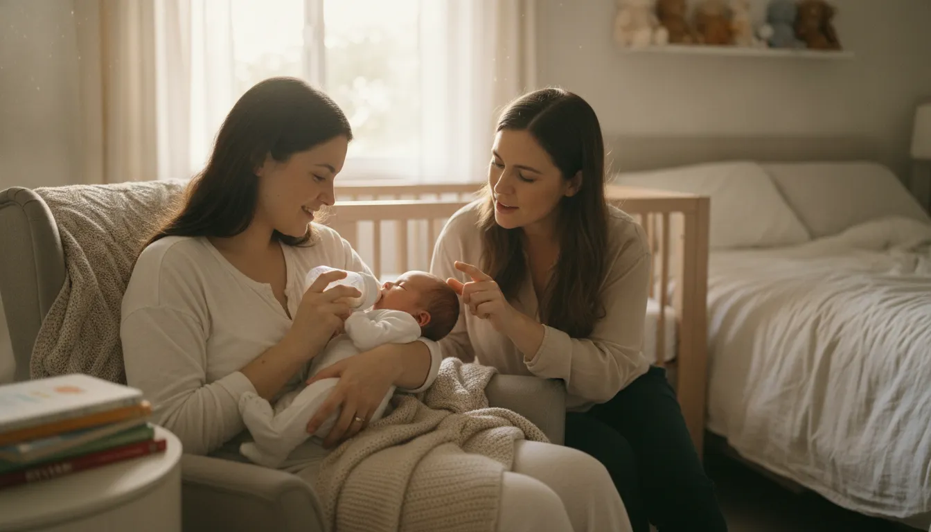 New parent bottle-feeding a newborn while a postpartum doula offers quiet guidance at home