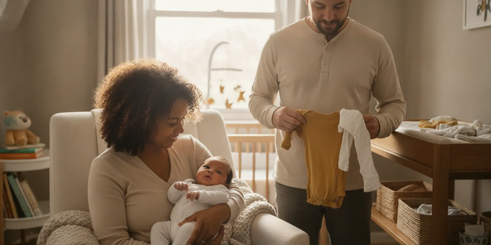 New parents gently caring for their newborn at home in a calm, softly lit nursery.