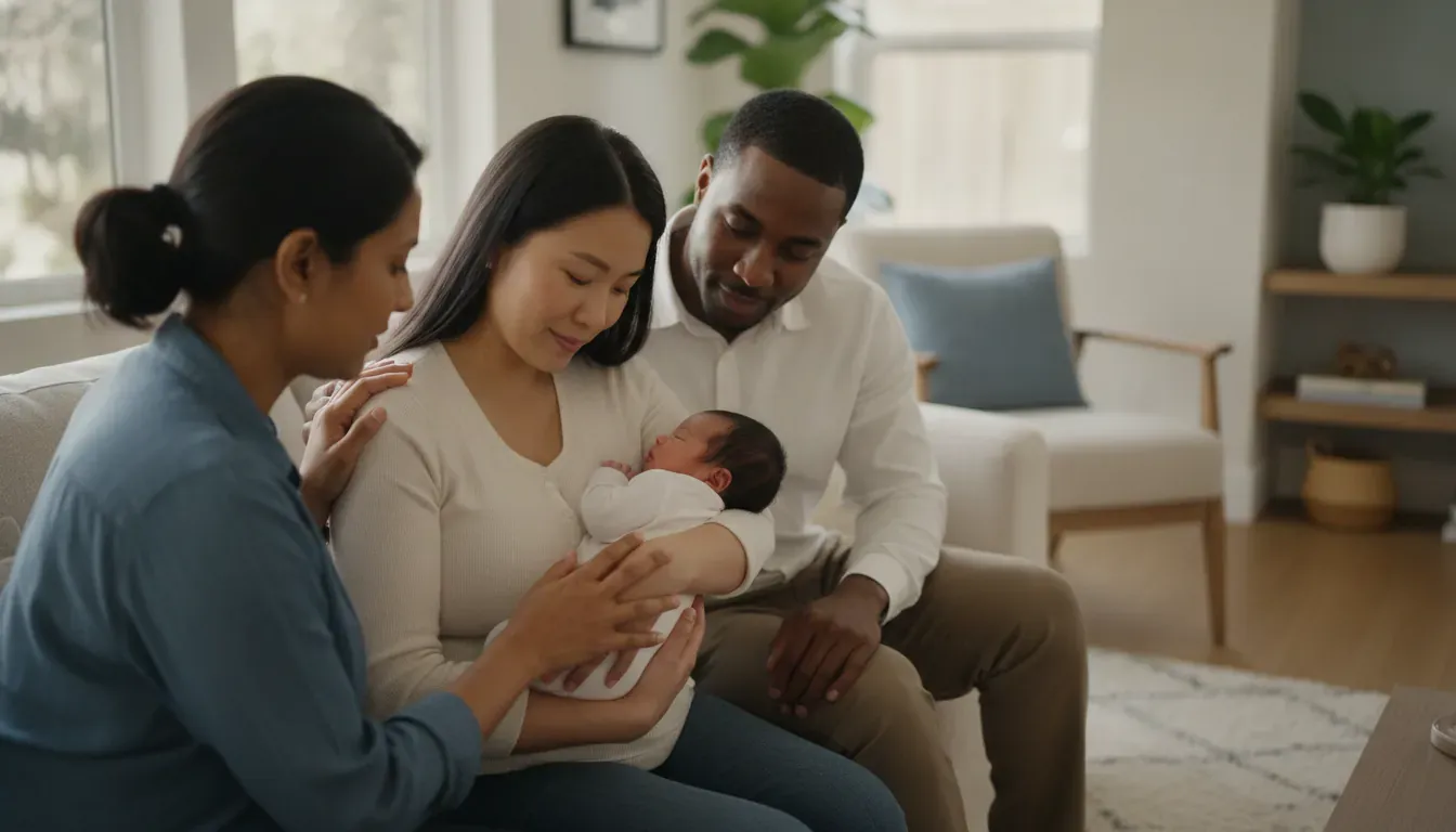 Postpartum doula supporting new parents and their newborn at home in San Mateo and Palo Alto