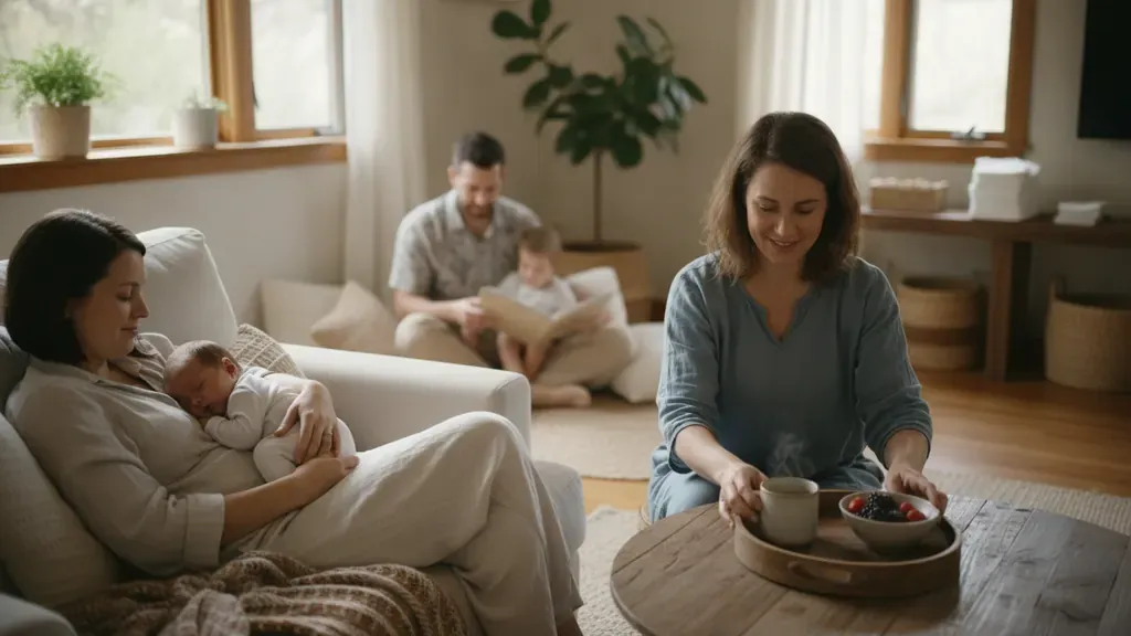 Postpartum doula offering practical support to a Bay Area parent and newborn