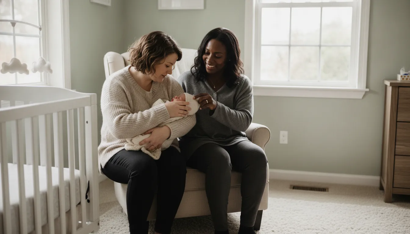 Postpartum doula offering non-medical newborn support to foster parents in a Bay Area home