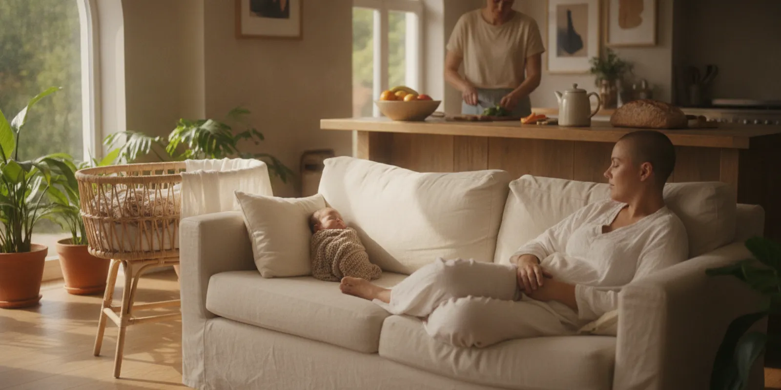 A new parent resting with a newborn while a support person helps at home