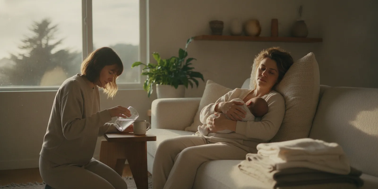 A parent gently soothing a newborn at home while a support person prepares a quiet space nearby
