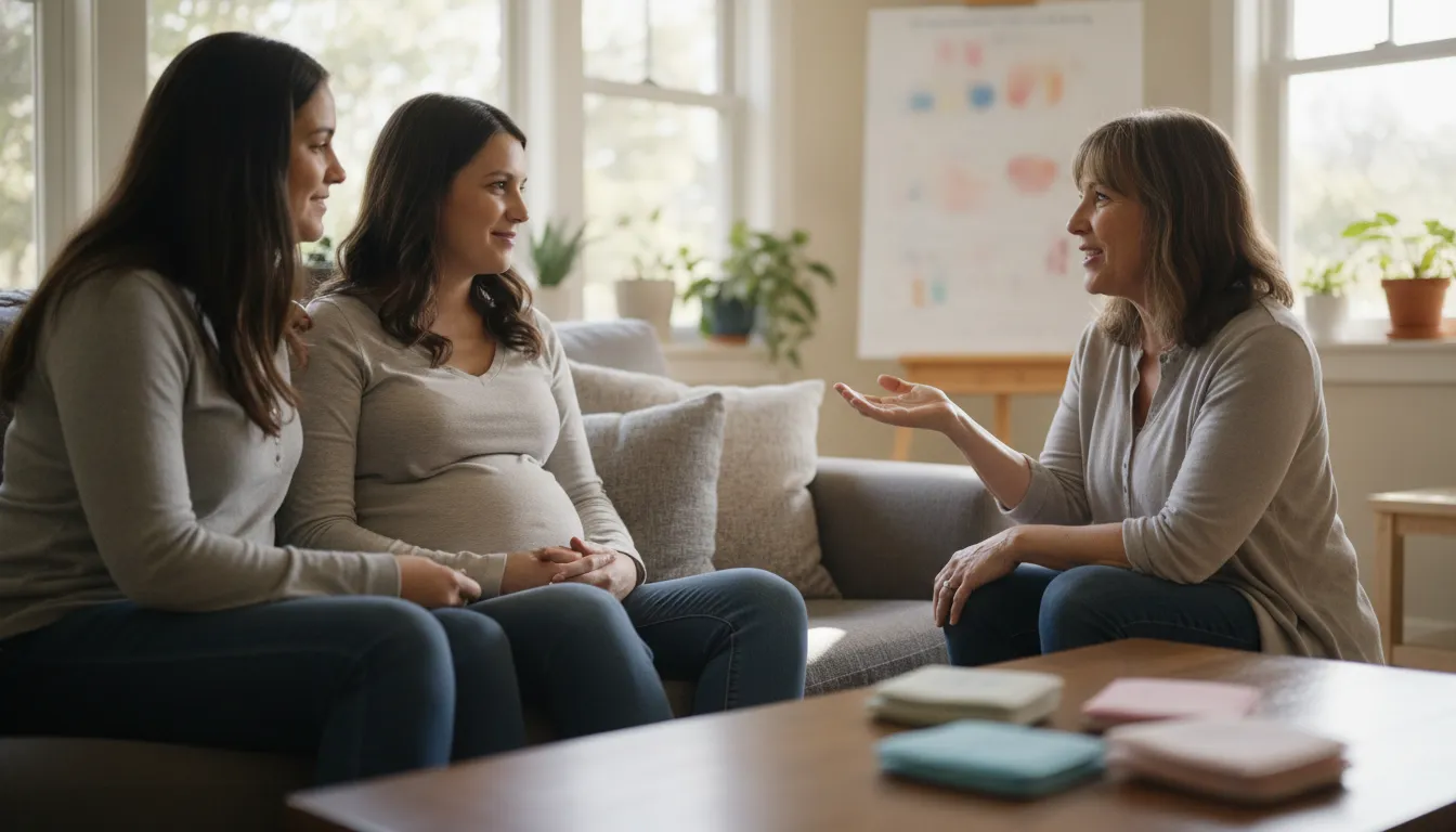 Expecting parents attending prenatal classes with a childbirth educator in the Bay Area.
